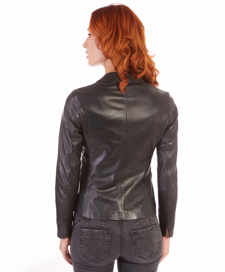 Black Color Lamb Leather Two Buttons Jacket Smooth Effect