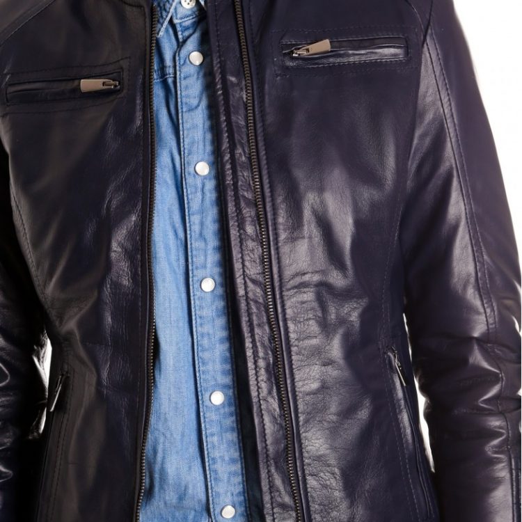 Blue Color Nappa Lamb Quilted Leather Jacket Smooth Effect
