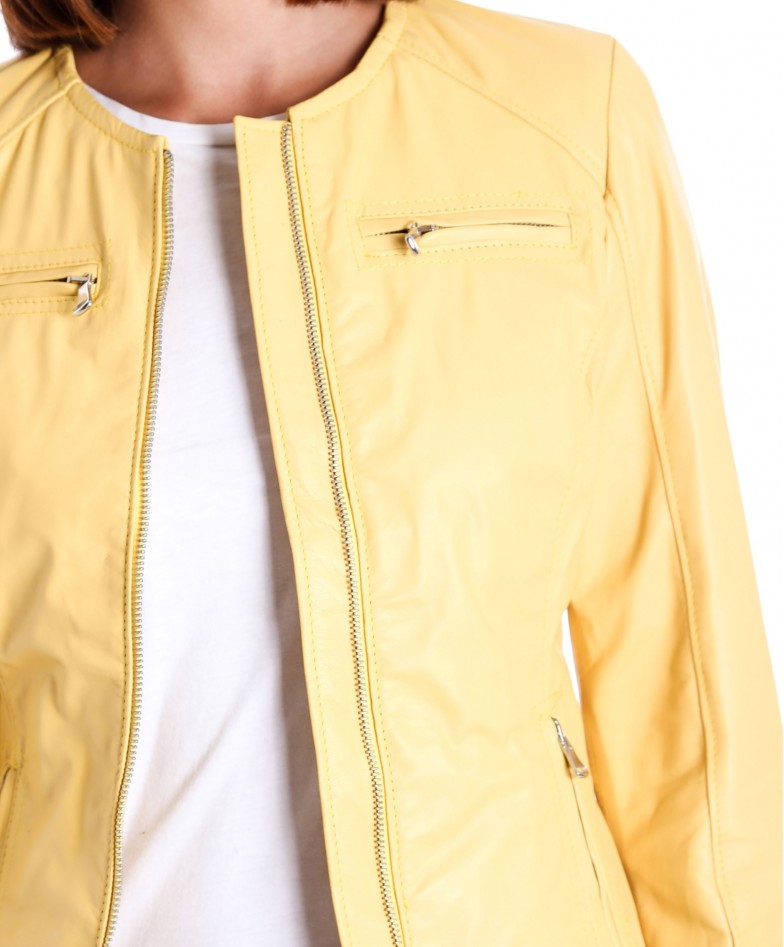 Yellow Color Nappa Lamb Quilted Leather Jacket Smooth Effect