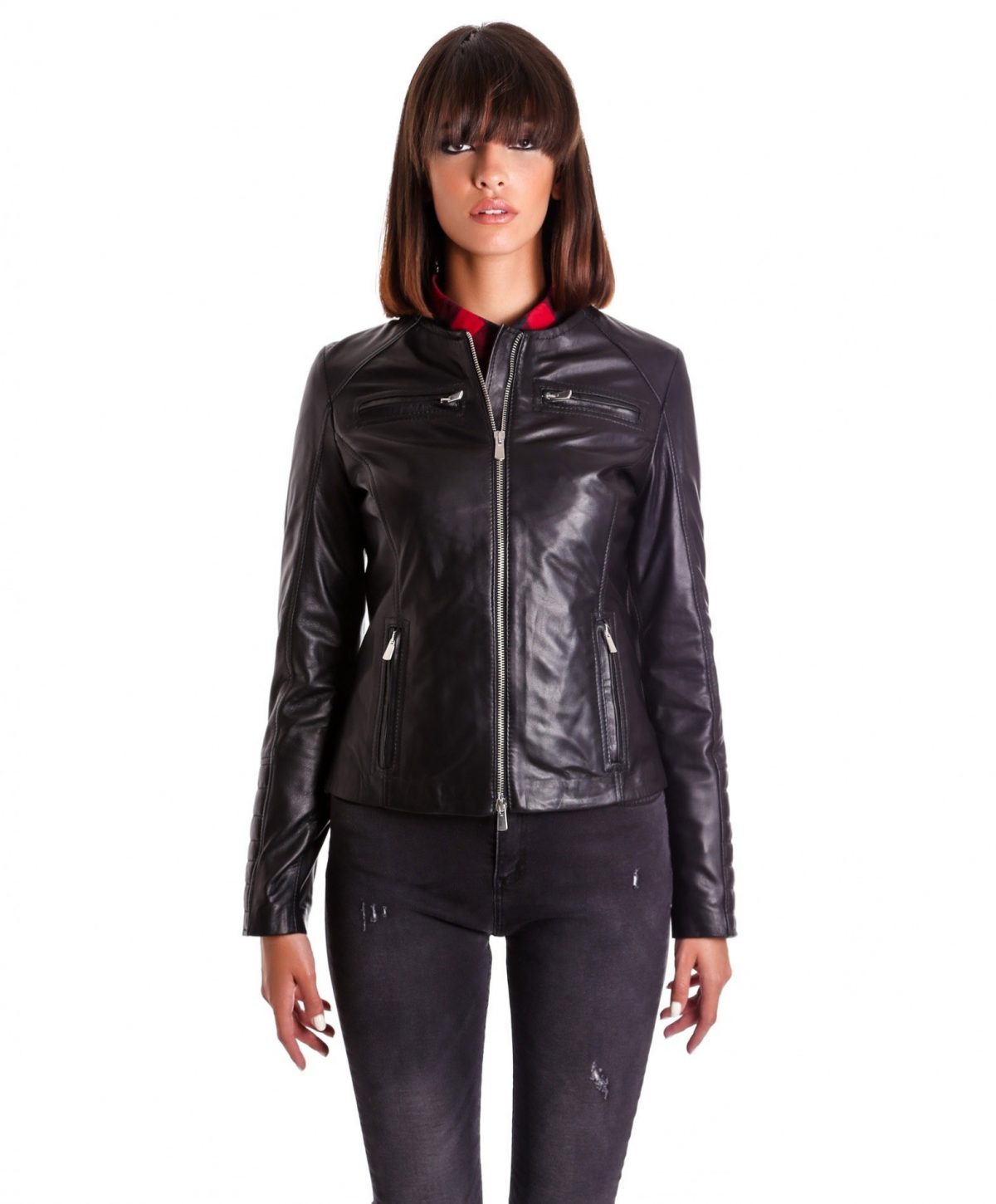 Black Color Nappa Lamb Quilted Leather Jacket Smooth Effect