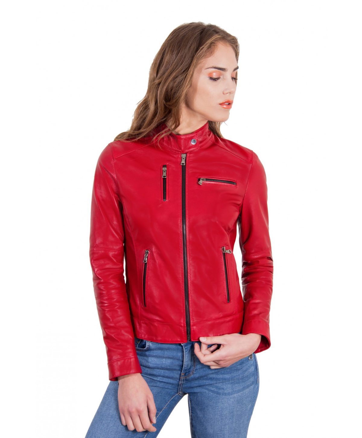 Red Color Leather Jacket Biker Nappa Lamb Smooth Effect