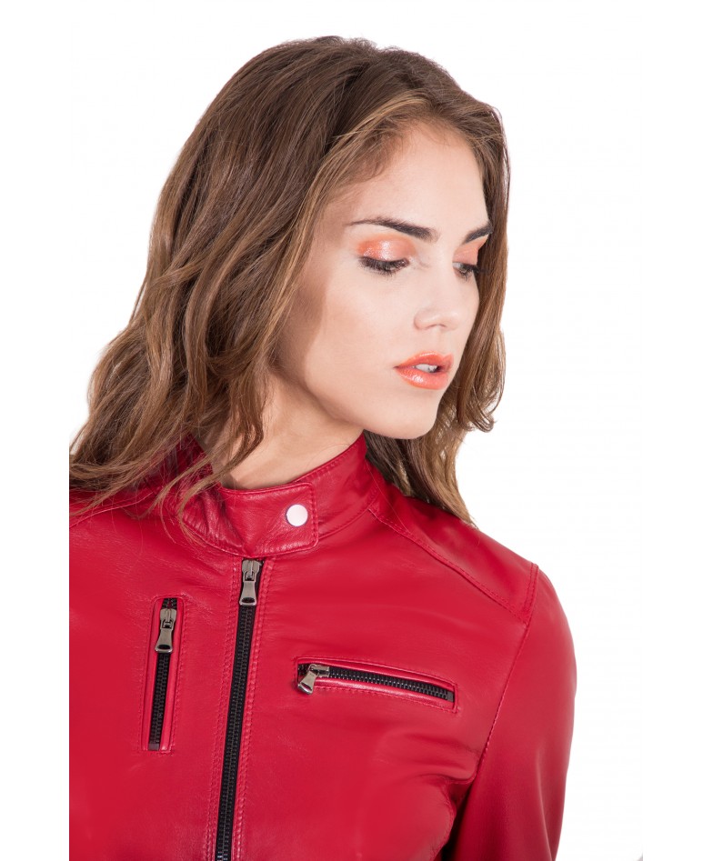 Red Color Leather Jacket Biker Nappa Lamb Smooth Effect