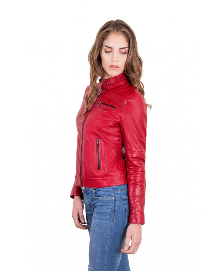 Red Color Leather Jacket Biker Nappa Lamb Smooth Effect