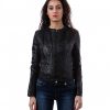 Black Color Nappa Lamb Leather Rouches Jacket Smooth Effect