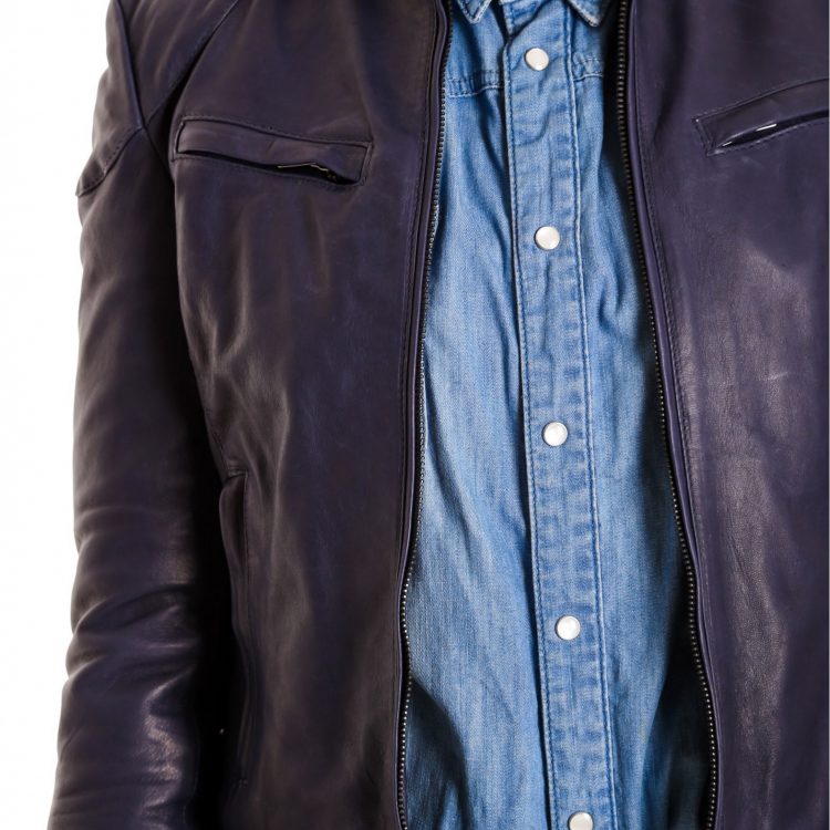 Blue Color Lamb Leather Biker Jacket Bogotà Vintage Effect
