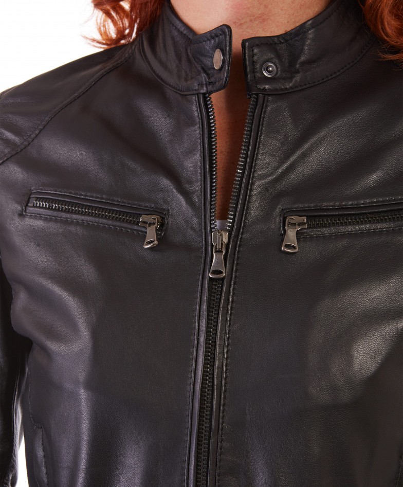 Black Color Nappa Lamb Leather Biker Jacket Smooth Effect