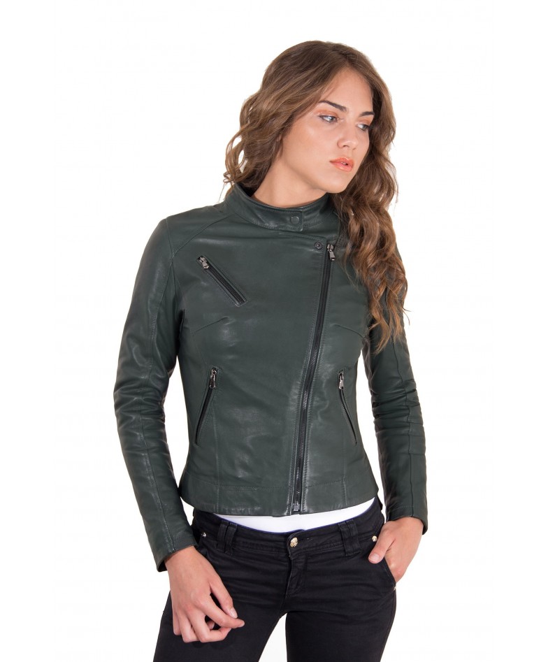 Green Color Lamb Leather Biker Jacket Soft Vintage Effect