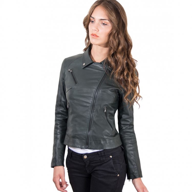 Green Color Lamb Leather Perfecto Jacket Vintage Effect