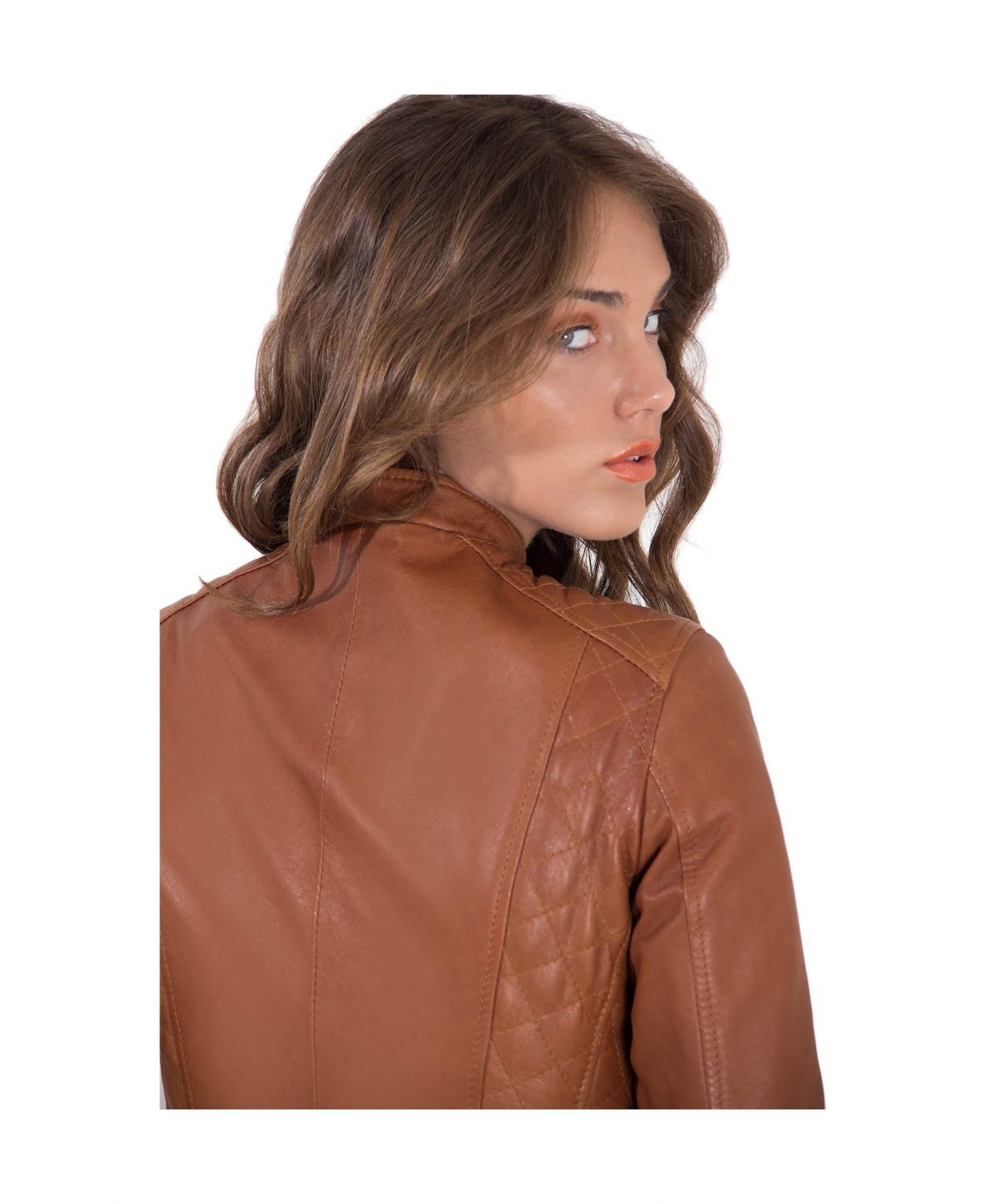Tan Color Lamb Leather Quilted Biker Jacket Smooth Effect
