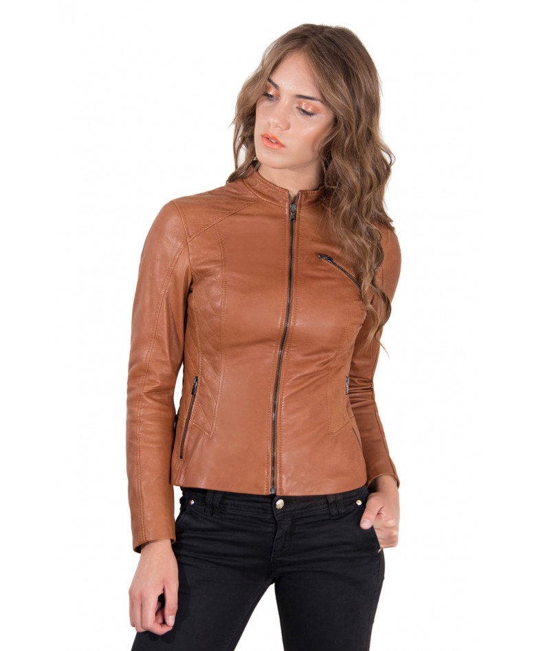 Tan Color Lamb Leather Quilted Biker Jacket Smooth Effect