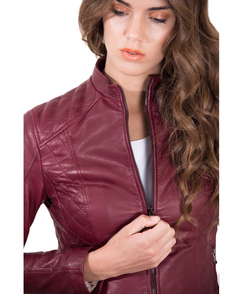 Red Purple Color Lamb Leather Quilted Biker Jacket Vintage Effect