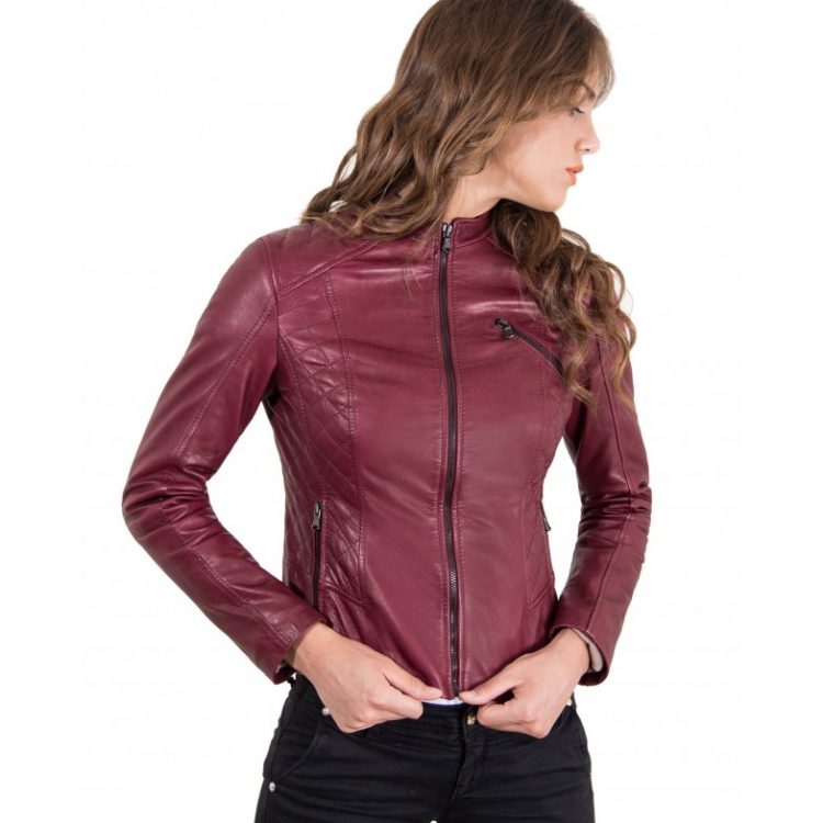Red Purple Color Lamb Leather Quilted Biker Jacket Vintage Effect