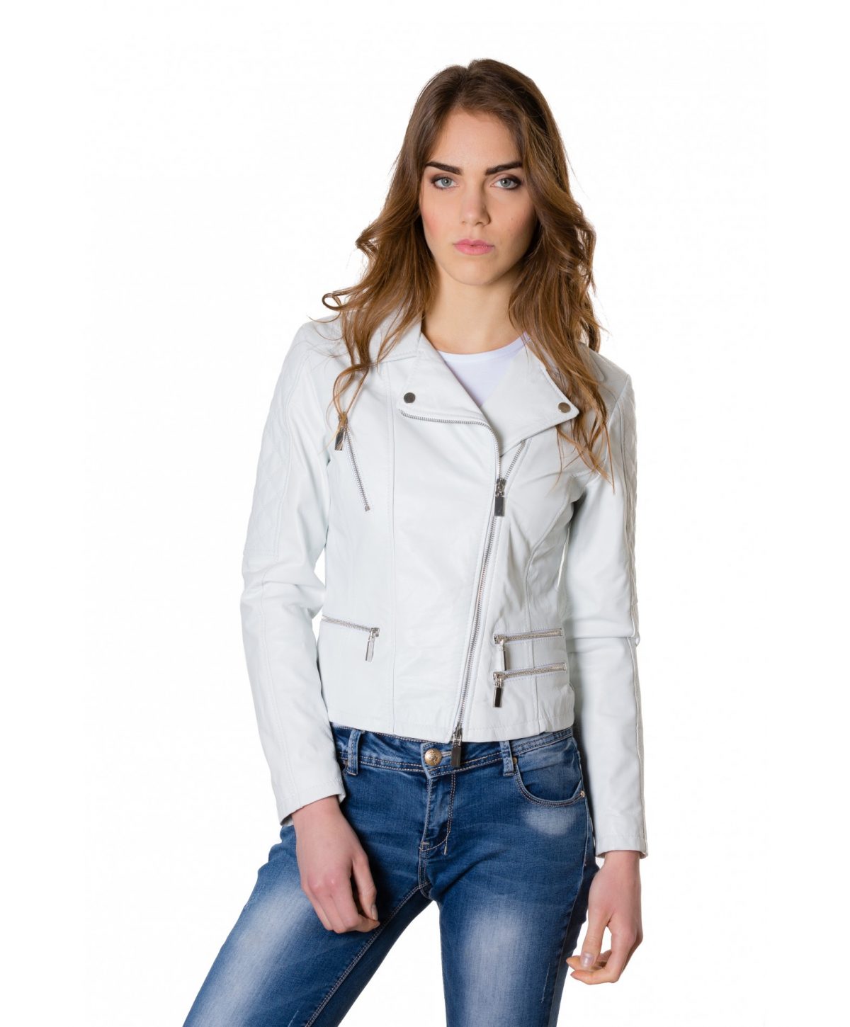 White Color Lamb Leather Quilted Jacket Soft Nappa Smooth Effect