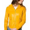 Yellow Color Nappa Lamb Leather Hooded Jacket Smooth Effect