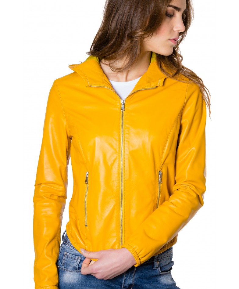 Yellow Color Nappa Lamb Leather Hooded Jacket Smooth Effect