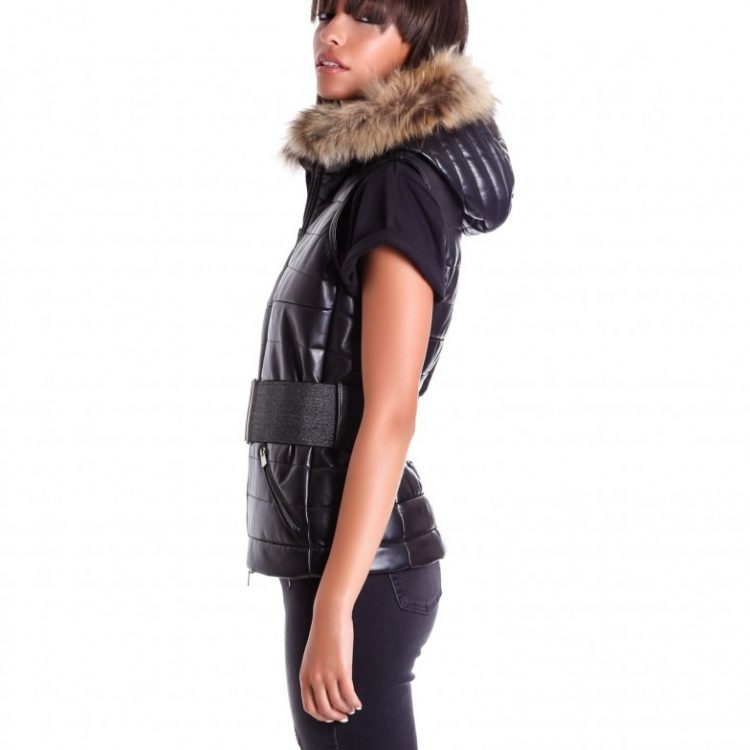 Black Color Nappa Lamb Leather Sleeveless Hooded Jacket Smooth Effect