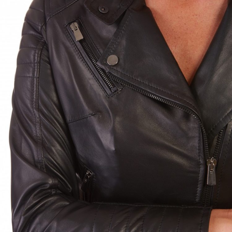 Nero Color Lamb Leather Biker Quilted Jacket Smooth Effect