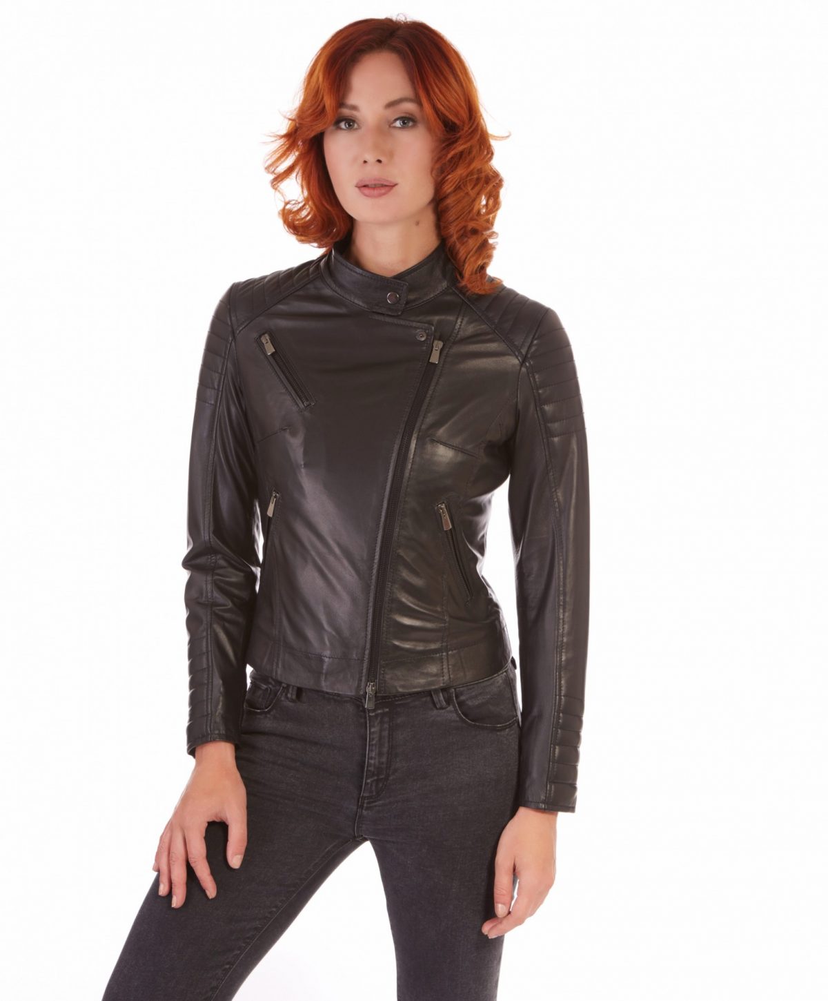 Nero Color Lamb Leather Biker Quilted Jacket Smooth Effect