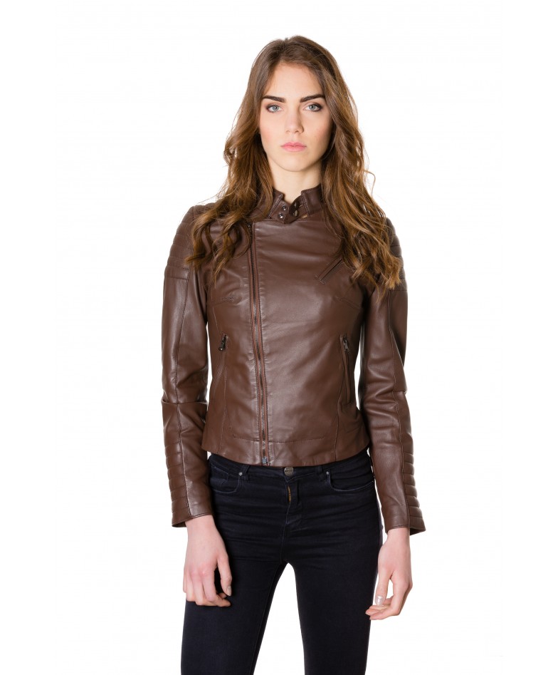 Brown Color Lamb Leather Biker Quilted Jacket Smooth Effect