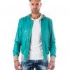Green Lamb Leather Hooded Bomber Jacket