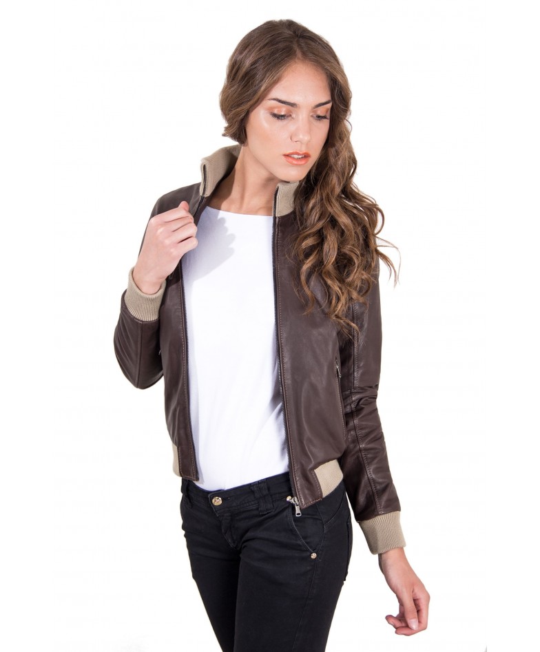 Dark Brown Color Lamb Leather bomber Jacket Vintage Effect