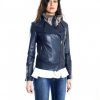 Blue Color Nappa Lamb Leather Biker Jacket Smooth Effect