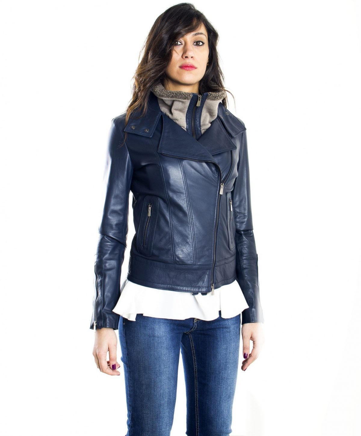 Blue Color Nappa Lamb Leather Biker Jacket Smooth Effect