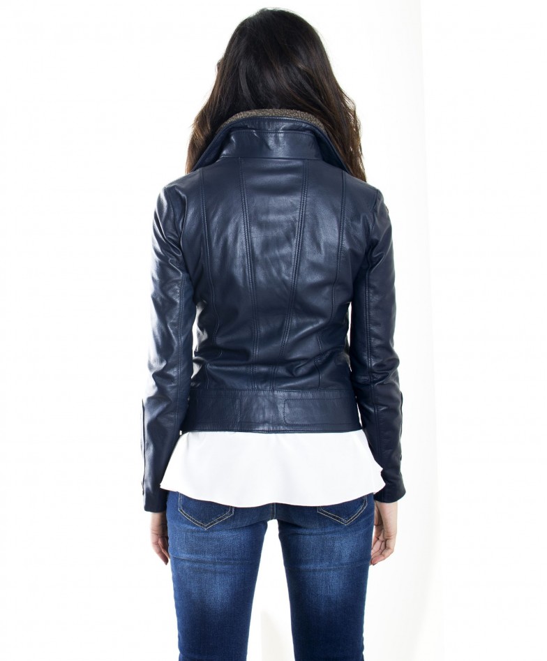 Blue Color Nappa Lamb Leather Biker Jacket Smooth Effect