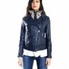 Blue Color Nappa Lamb Leather Biker Jacket Smooth Effect