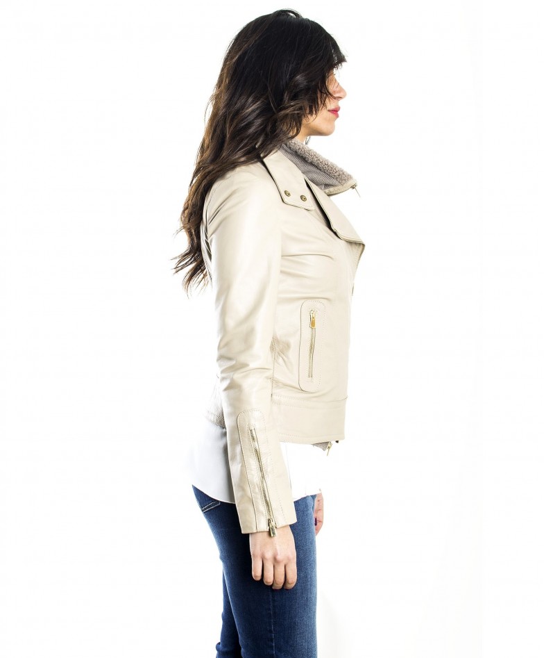 Cream Color Nappa Lamb Leather Biker Jacket Smooth Effect