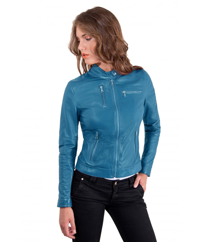 Blue Avion Color Lamb Leather Jacket Biker Smooth Effect