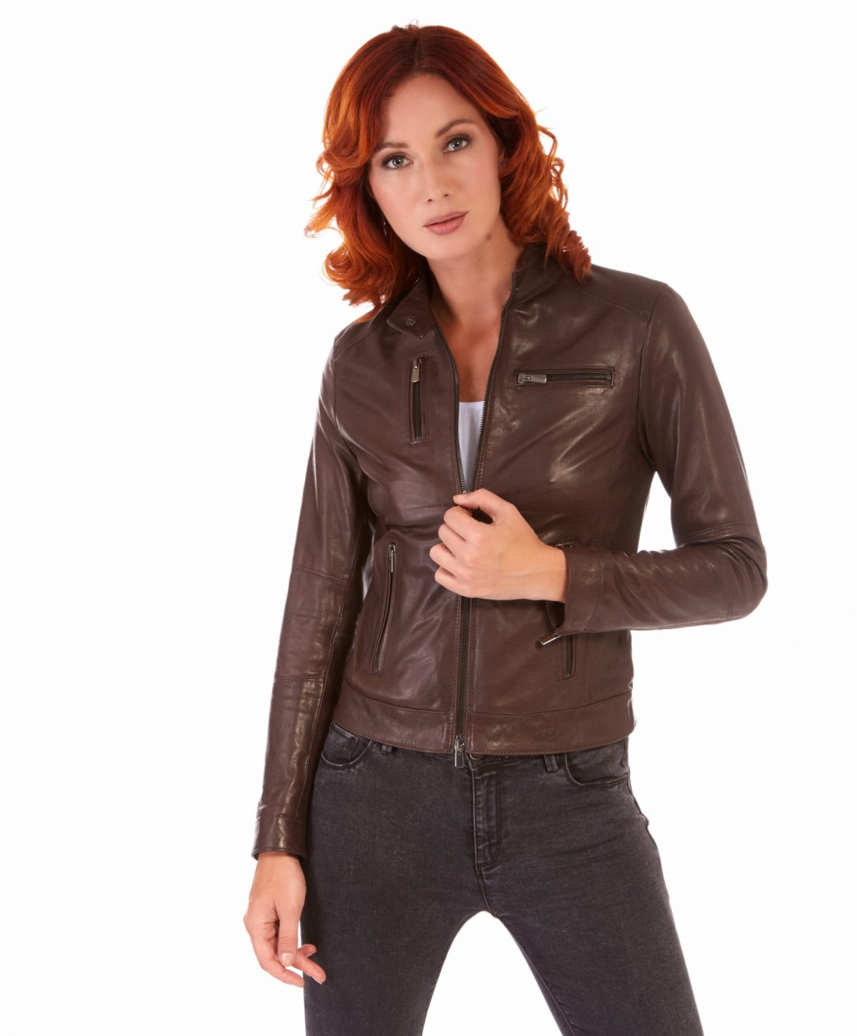 GIULIA - Brown Color - Lamb Leather Jacket Biker Vintage Effect - The ...