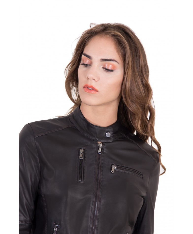 Dark Brown Color Leather Jacket Biker Nappa Lamb Smooth Effect