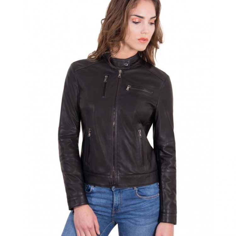 Dark Brown Color Leather Jacket Biker Nappa Lamb Smooth Effect