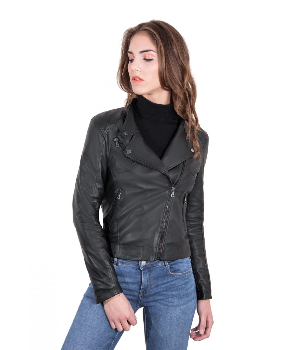 Black Color Lamb Leather Biker Jacket Soft Smooth Effect