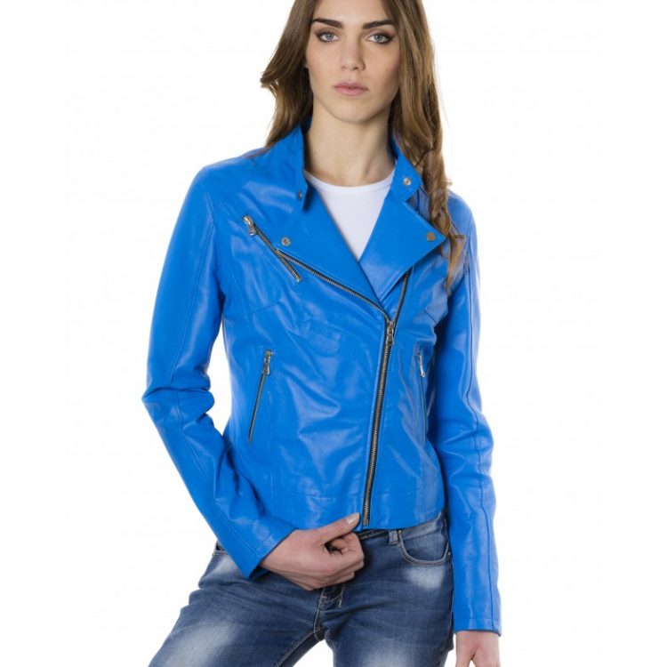 Sky Blue Color Lamb Leather Biker Jacket Soft Smooth Effect