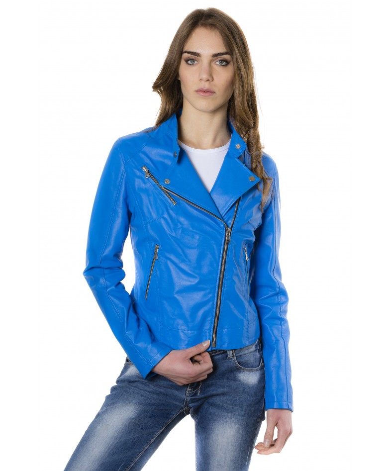 Sky Blue Color Lamb Leather Biker Jacket Soft Smooth Effect