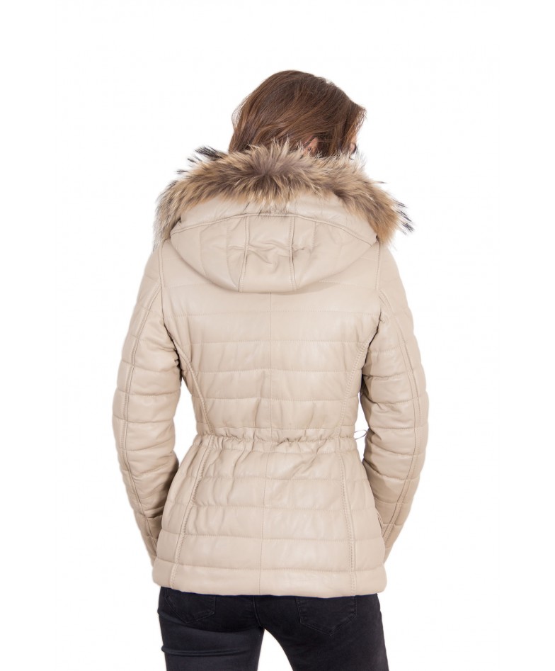 Beige Color Nappa Lamb Leather Fur Hooded Down Jacket Smooth Effect