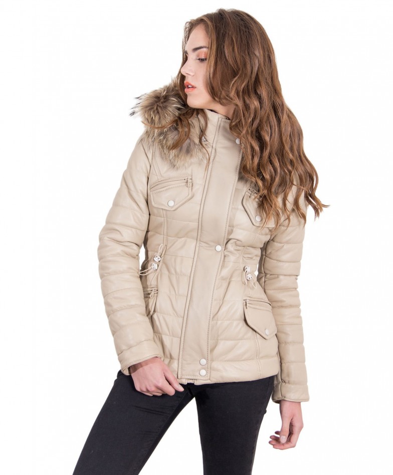 Beige Color Nappa Lamb Leather Fur Hooded Down Jacket Smooth Effect