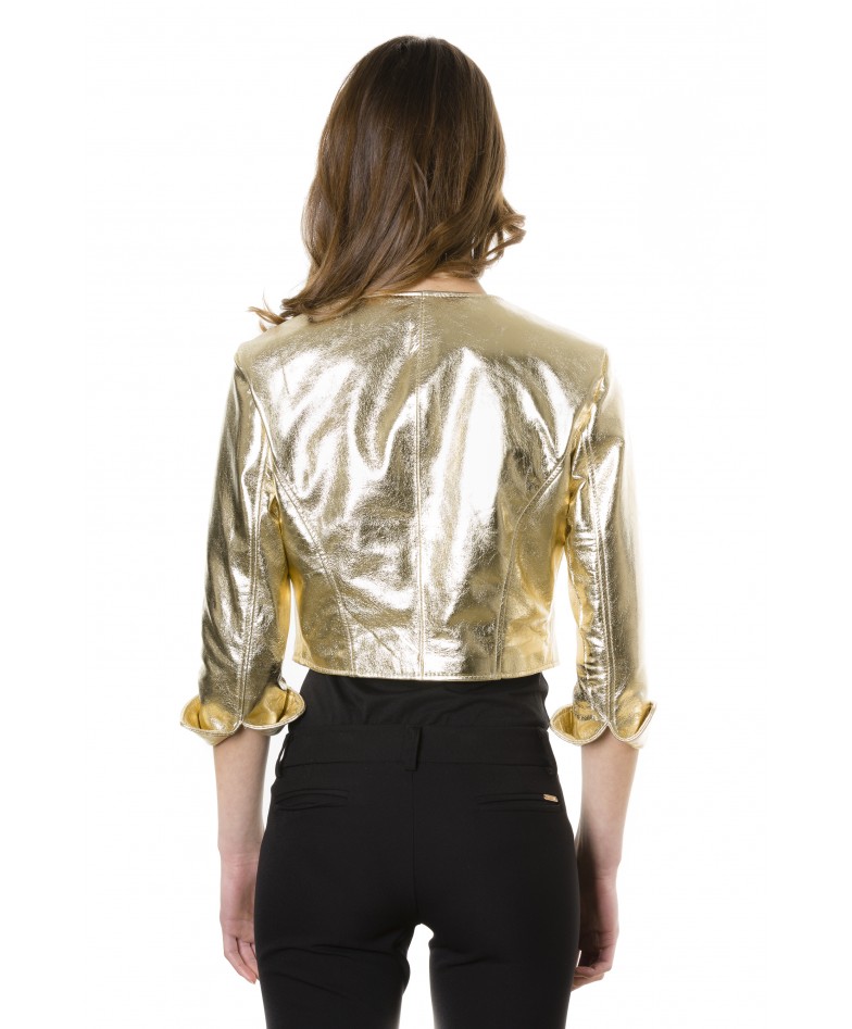 Gold Color Laminated Nappa Lamb Leather Round Neck Short Jacket