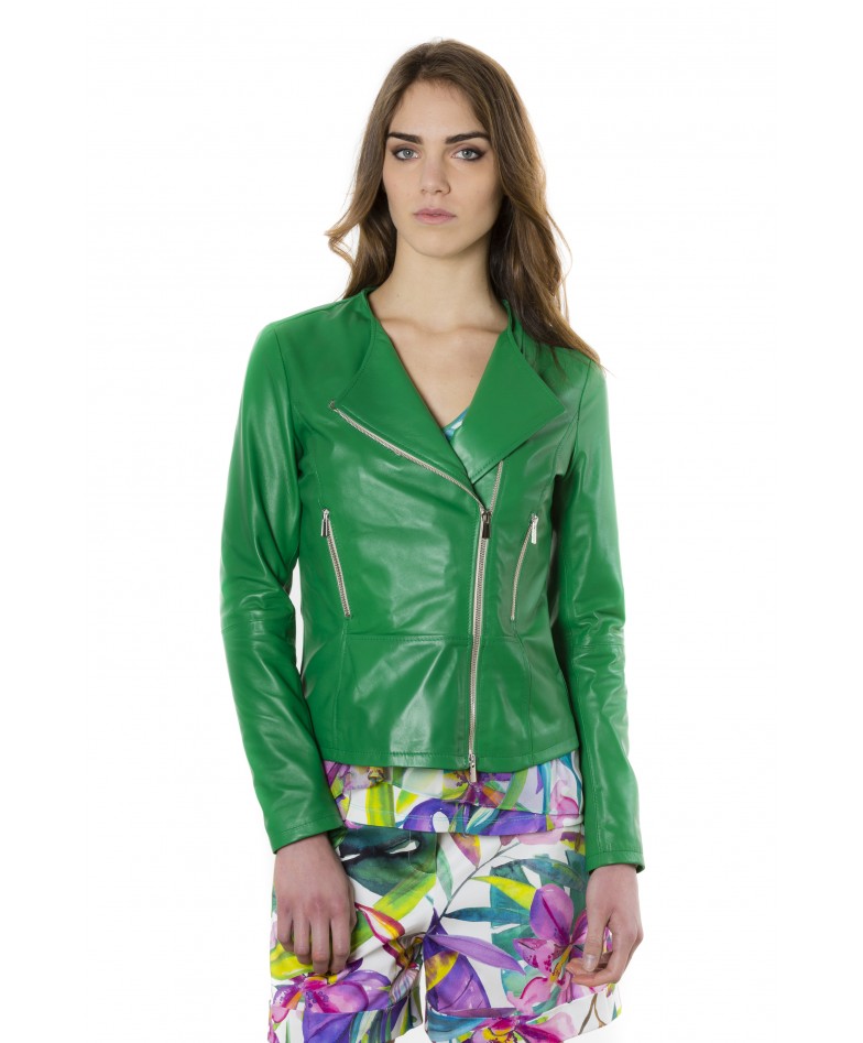 Green Color Nappa Lamb Leather Jacket Smooth Effect