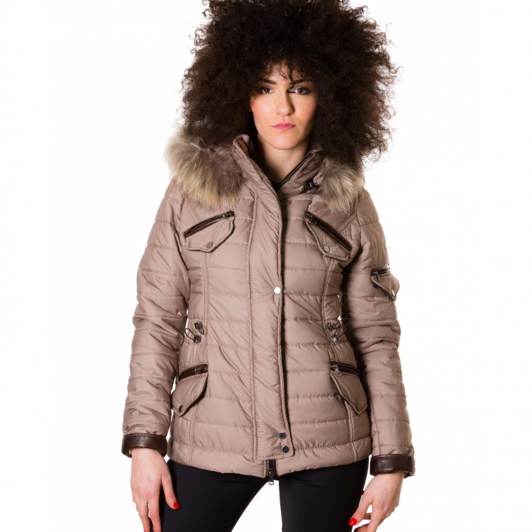 Beige Color Fabric Down Hooded Jacket Lamb Leather.