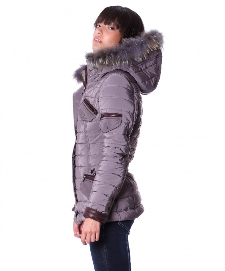 Grey Color Fabric Down Hooded Jacket Lamb Leather