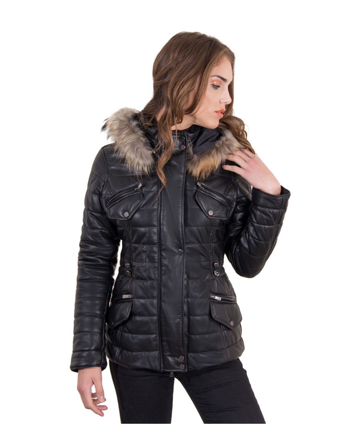 Black Color Nappa Lamb Leather Fur Hooded Down Jacket Smooth Effect